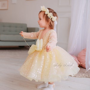 Sparkling Yellow Christmas baby dress, Birthday Baby Photoshoot, Sequined Flower Girl Dress, Long Sleeve, Pageant Toddler Formal Event Dress