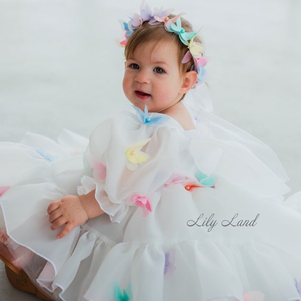 Ready To Ship, Butterfly Pageant Party First Birthday Dress, Multicolored Butterfly White Flower Girl Puffy Toddler Dress, Special Occasion