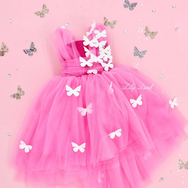 Bright pink girls birthday dress, butterfly style first birthday baby dress, flower girl dress with butterflies, baby butterfly dress