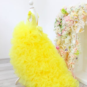 Yellow birthday girl dress, flower girl dress, wedding junior bridesmaid dress, first birthday dress, puffy baby dress with train,ball dress