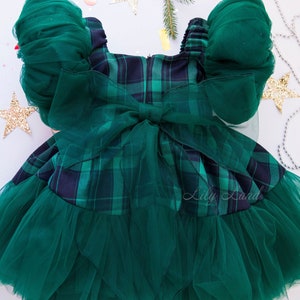 Christmas Baby Girl Dress, Green Plaid Christmas Dress, Flannel Dress, Short Puff Sleeve, Gown For Christmas Photoshoot, Tutu Dress