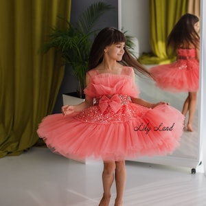 Coral Sparkly Tulle Tutu Birthday Baby Dress, Sequined Prom Ball Gown, Wedding Guest Flower Girl Dress, Pageant Special Occasion Dress
