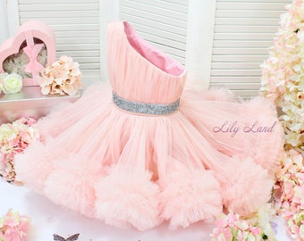 One shoulder blush baby girl dress, birthday girl dress, puffy tutu girl dress, flower girl dress, Christmas baby girl dress, princess dress
