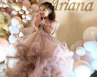 First birthday dress cappuccino baby girl dress 1st birthday gown ostrich feathers pageant baby dress stunning baby gown for birthday party