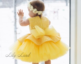 Yellow First Birthday Party Dress, Prom Ball Gown Dress, Flower Girl Dress, Special Occasion Baby Dress, Smash Cake Photo, Wedding Guest