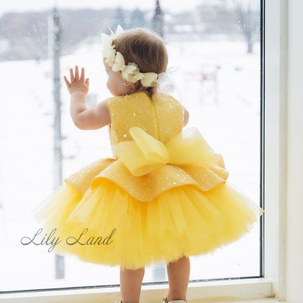 Yellow First Birthday Party Dress, Prom Ball Gown Dress, Flower Girl Dress, Special Occasion Baby Dress, Smash Cake Photo, Wedding Guest