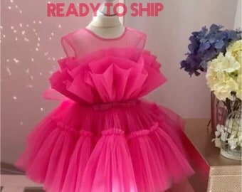 READY TO SHIP, Bright Pink Birthday Girl, Flower Girl Dress, Knee Puffy Girl Dress, Tutu Toddler Hot Pink Dress, Special Ocassion, Prom Gown