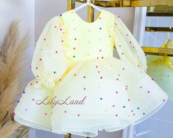 Yellow First Birthday Dress, Christmas baby dress, Birthday Girl Outfit, Toddler Dress With Pearls, Tutu Pageant Baby Dress, Prom Dress