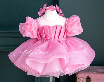 Pink First Birthday Party Dress, Tutu Girl Dress With Pearls, Short Puffy Baby Dress, Wedding Guest, Flower Girl Dress, Toddler Baby Pageant