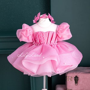 Rosa ersten Geburtstag Party Kleid, Tutu Mädchen Kleid mit Perlen, kurze geschwollene Baby Kleid, Hochzeitsgast, Blumenmädchen Kleid, Kleinkind-Babyfestzug