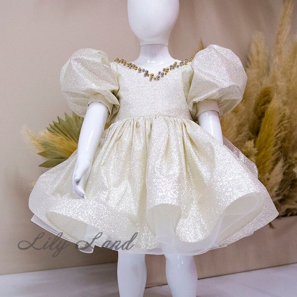 Cream Glitter Christmas Baby dress  Flower Girl Dress, Prom Ball, Birthday Embroidered Pearls Baby Gown, Special Occasion Toddler Dress