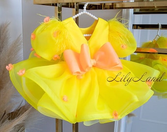 Yellow Feathers Baby Birthday Dress, Flower Girl Dress Tutu Special Occasion Toddler baby dress, Pageant Dress, Princess Prom Ball Gown