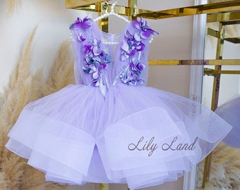 Lilac Tutu Tulle Dress For Baby Girl, Birthday Girl Dress, Flower Girl Dress With 3D Floral Lace, Short Puffy Prom Dress