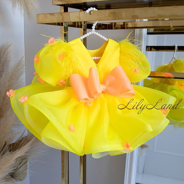 Yellow Feathers Baby Birthday Dress, Flower Girl Dress Tutu Special Occasion Toddler baby dress, Pageant Dress, Princess Prom Ball Gown