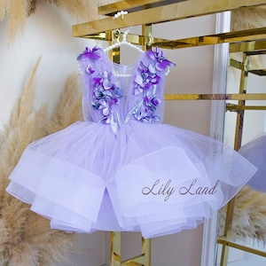 Lilac Tutu Tulle Dress For Baby Girl, Birthday Girl Dress, Flower Girl Dress With 3D Floral Lace, Short Puffy Prom Dress