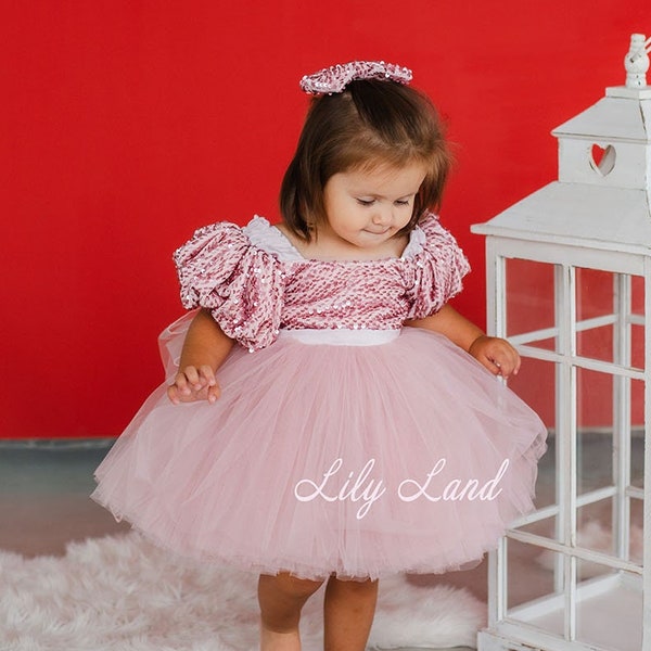 Pink Pageant Dress, Tutu Toddler Gown, Birthday Party Sparkling Flower Girl Dress,  1st Birthday Dress, Sequined Baby Girl Dress