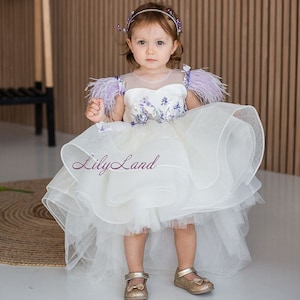 White Glitter Lilac Feathers Baby Birthday Dress, Flower Girl Dress Tutu Special Occasion Princess Sparkling Dress Prom Ball Pageant Gown