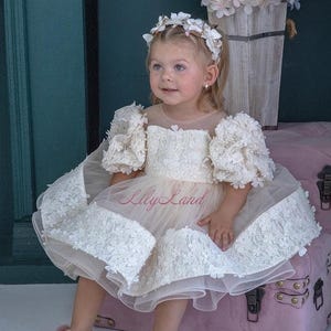 Beige Floral Tutu First Birthday Party Dress, Puffy Baby Dress, Wedding Baby Guest, Flower Girl Dress, Toddler Baby Pageant Dress