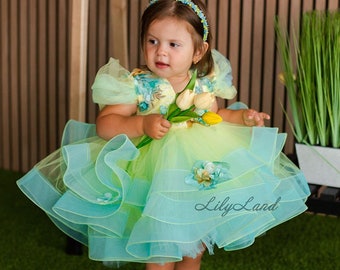 Pageant Dress, Special Occasion Toddler Birthday Party Baby Dress, Flower Girl Dress, Tulle Dress, Puffy Ruffles Baby Floral Lace Dress