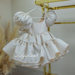 Gold Brocade Birthday Girl Dress, Flower Girl Dress, Puffy Ruffles Toddler Dress, Tutu Prom Gown, Special Occasion Dress, 1st Birthday Dress