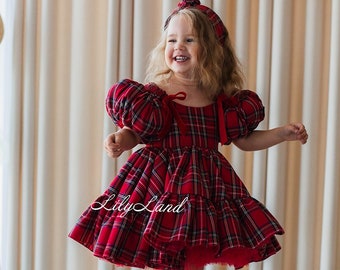 Red Tutu Toddler Xmas Outfit, Plaid Christmas Baby Girl Gown, Photoshoot Costume, Christmas baby dress, Short Puffy Sleeve, Xmas Kids Dress
