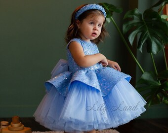 Blauwe sprankelende bloemenmeisjesjurk, jurk verjaardagsfeestje, tutu peuterjurk, jurk eerste verjaardag, baby fotoshoot, jurk voor speciale gelegenheden, jurk voor speciale gelegenheden