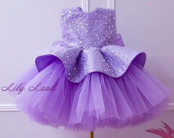 Purple Birthday Baby Girl Dress, Sparkling Flower Girl Dress, Tutu Toddler Dress, First Birthday Dress, Prom Dress, Special Occasion Gown