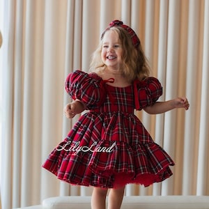 Red Tutu Toddler Xmas Outfit, Plaid Christmas Baby Girl Gown, Photoshoot Costume, Christmas baby dress, Short Puffy Sleeve, Xmas Kids Dress