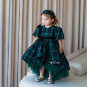 Green Plaid Christmas Photoshoot Baby Girl Gown, Flannel Girl Dress, Christmas baby dress, Short Puff Sleeve, Tutu Toddler Xmas Outfit