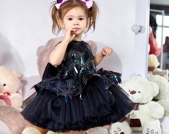 Black Sparkling Flower Girl Dress, Birthday Party Dress, Tutu Toddler Gown, 1st Birthday Dress, Peplum Prom Dress, Sequined Baby Girl Dress
