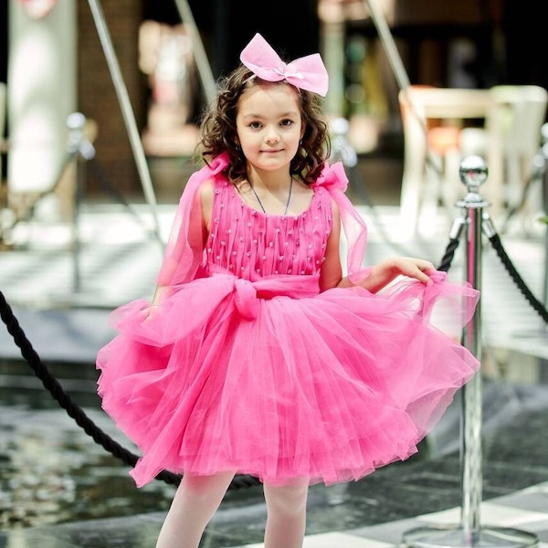 Pink Birthday Party Girl Dress, Flower Girl Dress, Hi Lo Tutu Gown For Baby Girl, Princess Outfit, Prom Ball Gown Dress