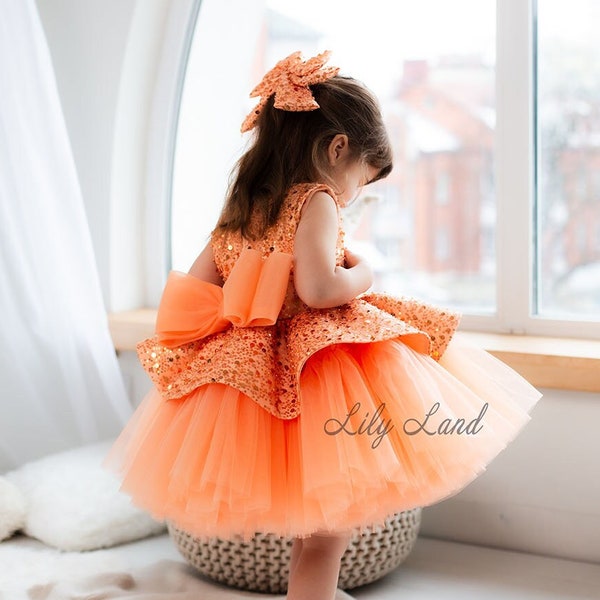 1st Birthday Party Dress, Tutu Toddler Dress, Orange Flower Girl Dress, Sequined Prom Gown, Special Occasion Baby Girl Dress