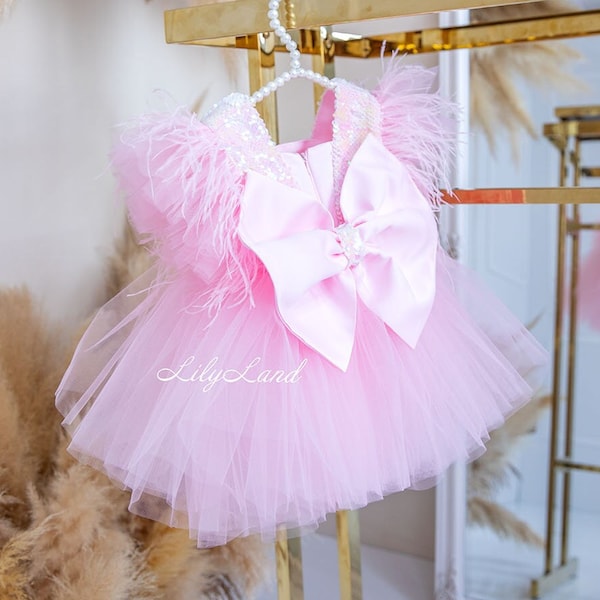 Pink Baby Toddler Dress With Feathers, First Birthday Dress, Birthday Party Dress, Flower Girl Dress, Special Occasion, Shinning Tulle Dress