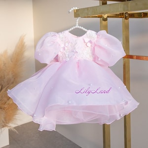 Pink Flower Girl Dress, Birthday Girl Dress With Butterfly and Flowers Toddler Dress, Pearls Prom Dress, Puffy Sleeve, Wedding Guest Dress