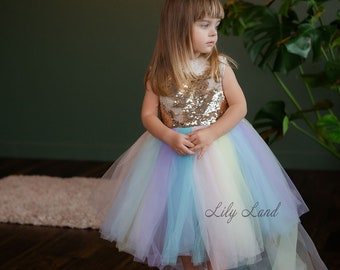 Licorne tutu multicolore pour bébé, robe de fête d'anniversaire, tenue de premier anniversaire, robe de fille de fleur gonflée multicouche arc-en-ciel