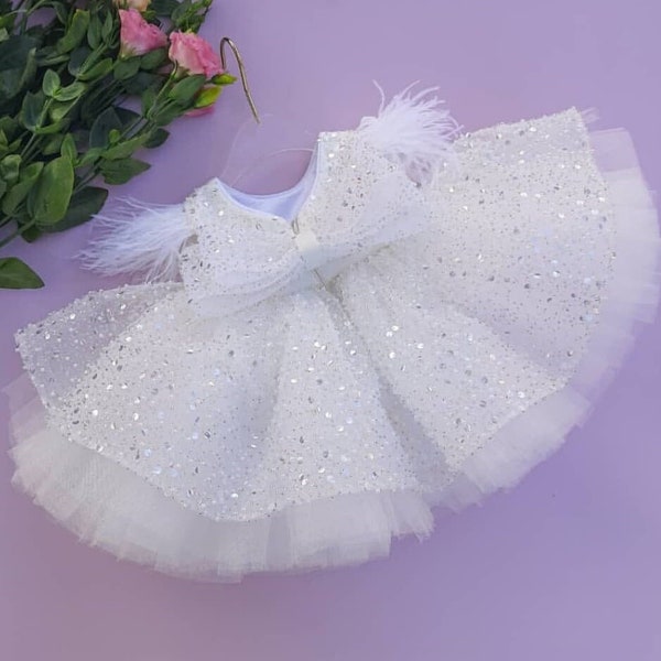 Sparkling Birthday Baby Girl Dress, White Flower Girl Dress, Tutu Knee Baby Dress, Feathers Sleeve, Christmas Baby Dress, Toddler Dress