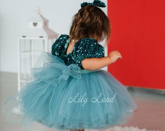 Mint Green Pageant Dress, Tutu Toddler Gown, Birthday Party Sparkling Flower Girl Dress,  1st Birthday Dress, Sequined Baby Girl Dress