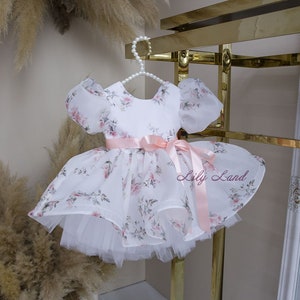 Flower Girl Dress, Girl Dress With Flowers Print, Organza Baby Girl Birthday Dress, Smash Cake Photoshoot, First Birthday Toddler Dress