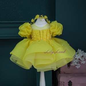 Yellow First Birthday Party Dress, Tutu Dress With Pearls, Short Puffy Baby Dress, Wedding Guest, Flower Girl Dress, Toddler Baby Pageant