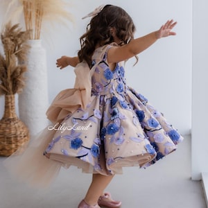 Beige Floral Birthday Baby Dress, Wedding Guest, Flower Girl Dress, Prom Graduation Dance Gown, Photoshoot Princess Look, Bridesmaid Outfit