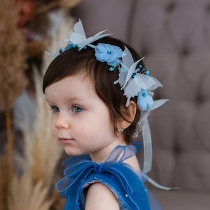 Blue Floral & Butterfly Headband, Flower Girl Headband, Birthday Baby Girl Headband, Bridal Butterfly Crown, Prom Hair Accessory