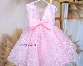 Pink Birthday Girl Dress, Shinning Flower Girl Dress, Tutu Knee Length Gown, First Birthday Dress, Sparkling Toddler Dress, Prom Dress