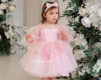 Pink Birthday Girl Dress, Flower Girl Dress, Sparkling Prom Gown, Tutu Tulle Puffy Dress, Princess Dress, Special Occasion Toddler Dress