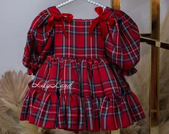 Red Plaid Christmas Baby Girl Gown, Photoshoot Christmas Dress,  Flannel Girl Dress, Short Puff Sleeve, Tutu Toddler Xmas Outfit