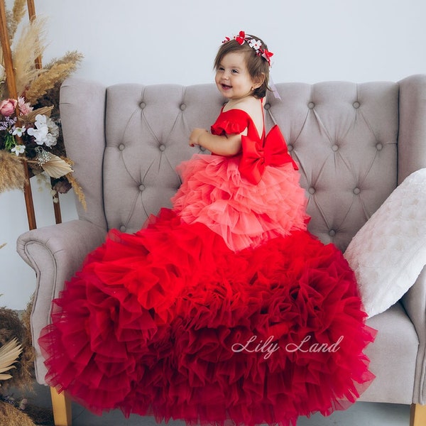 Red Gradient Ombre Prom Ball Gown, Pageant Dress, Formal Event Dress, Tutu Multilayered Toddler Dress, Birthday Party Baby Girl Dress