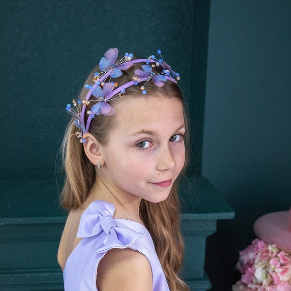 Lavender Blue Birthday Girl Headband With Butterfly, Prom Hair Hoop Gown, Pageant Hair Accessories, Flower Girl Hair Crown, Headpiece