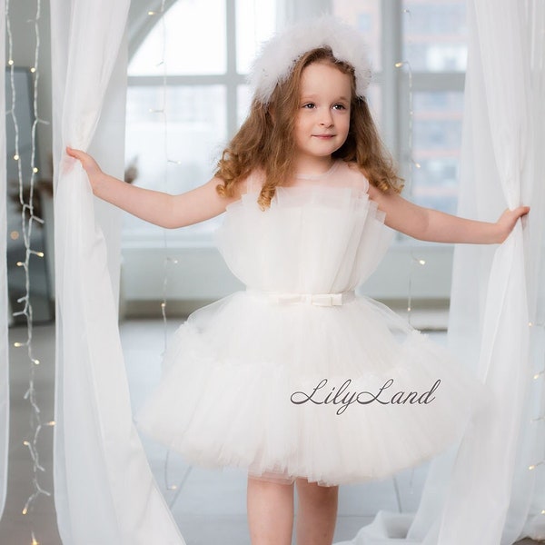 White Flower Girl Dress, First Birthday Dress, Tutu Puffy Ruffled Prom Ball Gown, Floral Lace Baby Dress, Special Occasion Infant Dress