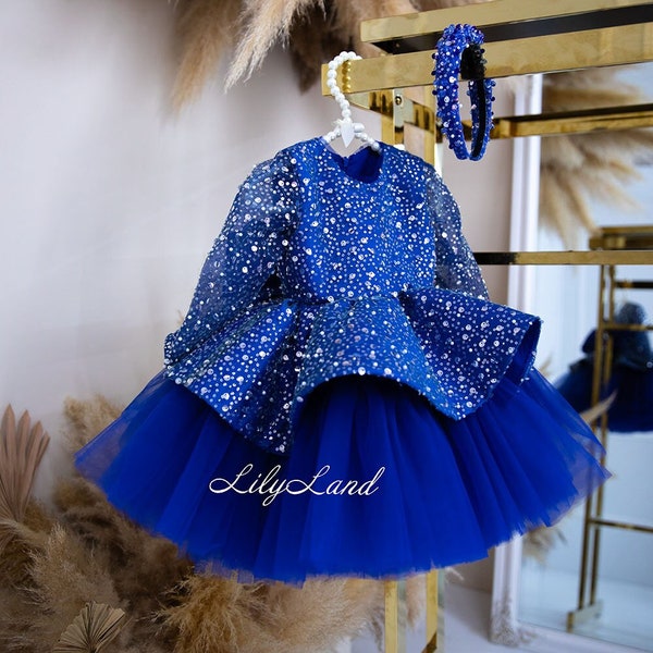 Electric Blue Birthday Party Dress, Sparkling Flower Girl Dress, Tutu Toddler Dress, First Birthday Dress, Prom Dress, Special Occasion Gown