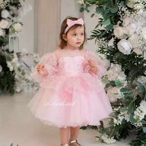 Pink Birthday Girl Dress, Flower Girl Dress, Sparkling Prom Gown, Tutu Tulle Puffy Dress, Princess Dress, Special Occasion Toddler Dress