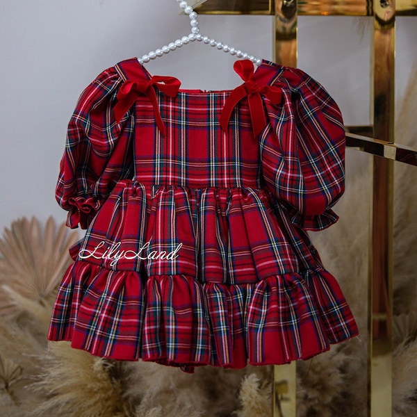 Red Plaid Christmas Baby Girl Gown, Photoshoot Christmas Dress,  Flannel Girl Dress, Short Puff Sleeve, Tutu Toddler Xmas Outfit